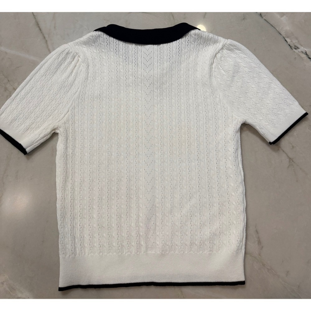 Pointelle White Cable Knit Puff Sleeve Sweater Black Collar Bow Sz Small Sm 170 - Picture 10 of 10